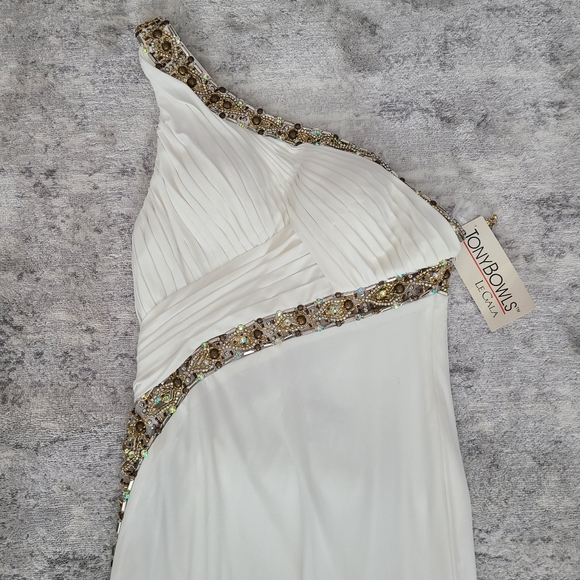 Tony Bowls White Gold Evening Prom Gown Size 10 - Picture 5 of 14